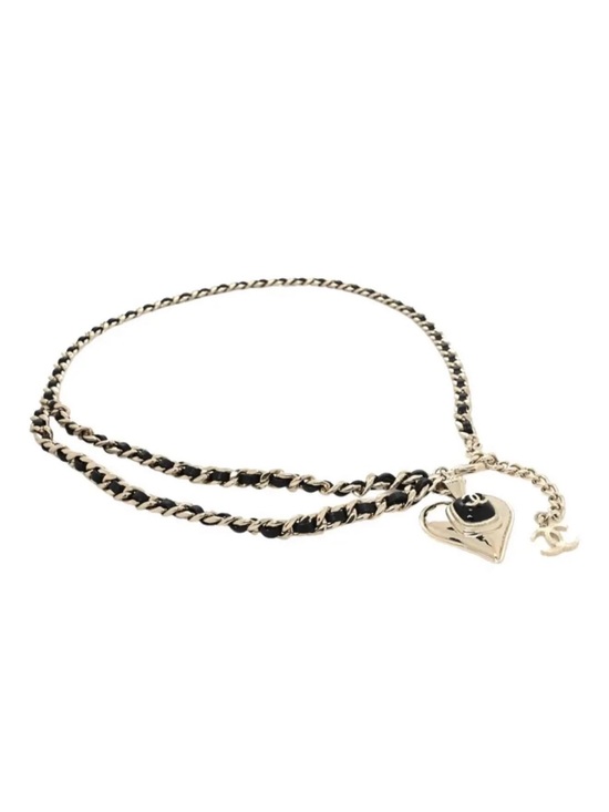 CHANEL Accessories - CHANEL Black and Gold Leather-Woven Chain Belt with Heart Charm